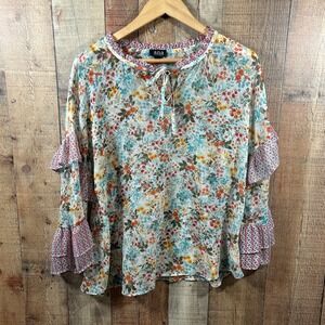 ANA Floral Sheer Boho Blouse Ruffle Top Large Cottagecore Romantic Flowy